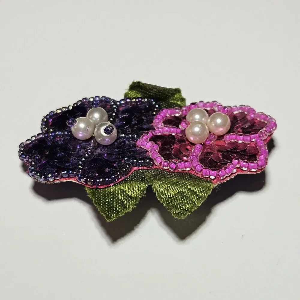 Avon Vintage Purple Pink Sequin Flower Faux Pearl Brooch Pin
